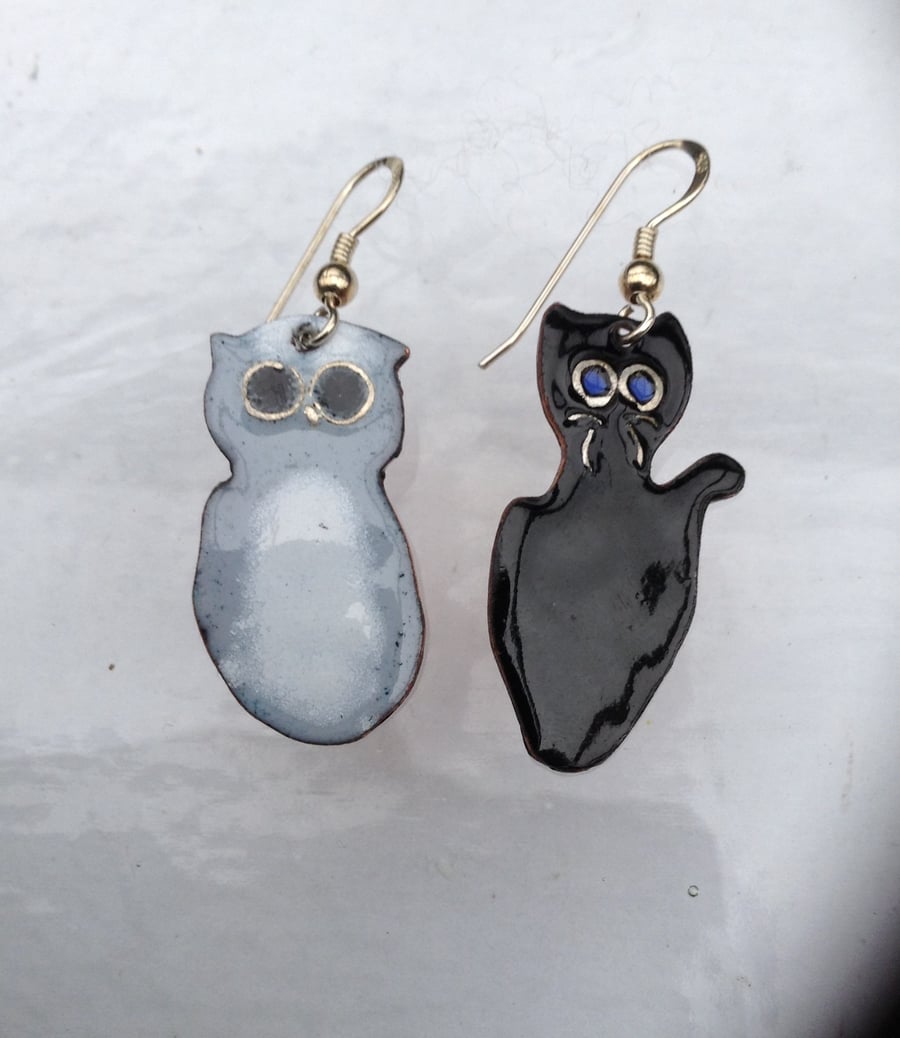 'The Owl and the pussycat' enamelled earrings