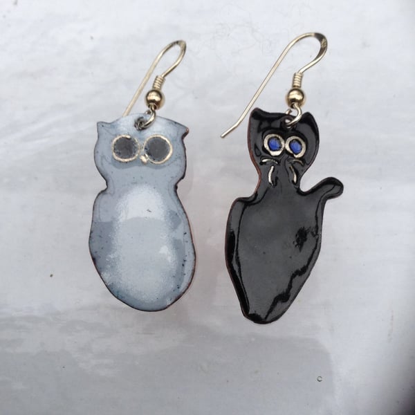 'The Owl and the pussycat' enamelled earrings