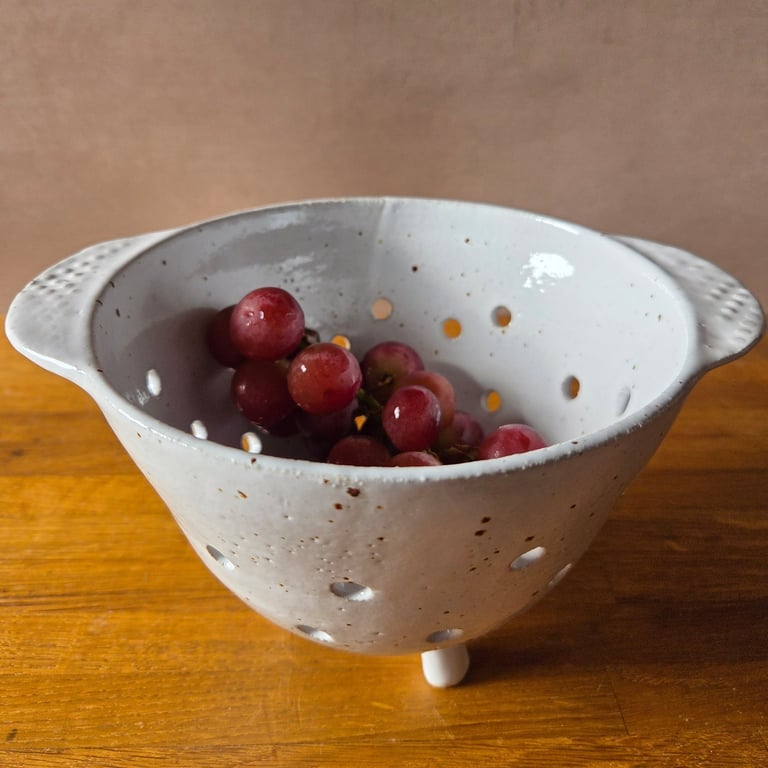 Hand Thrown Speckled White Stoneware Berry Bowl & Colander