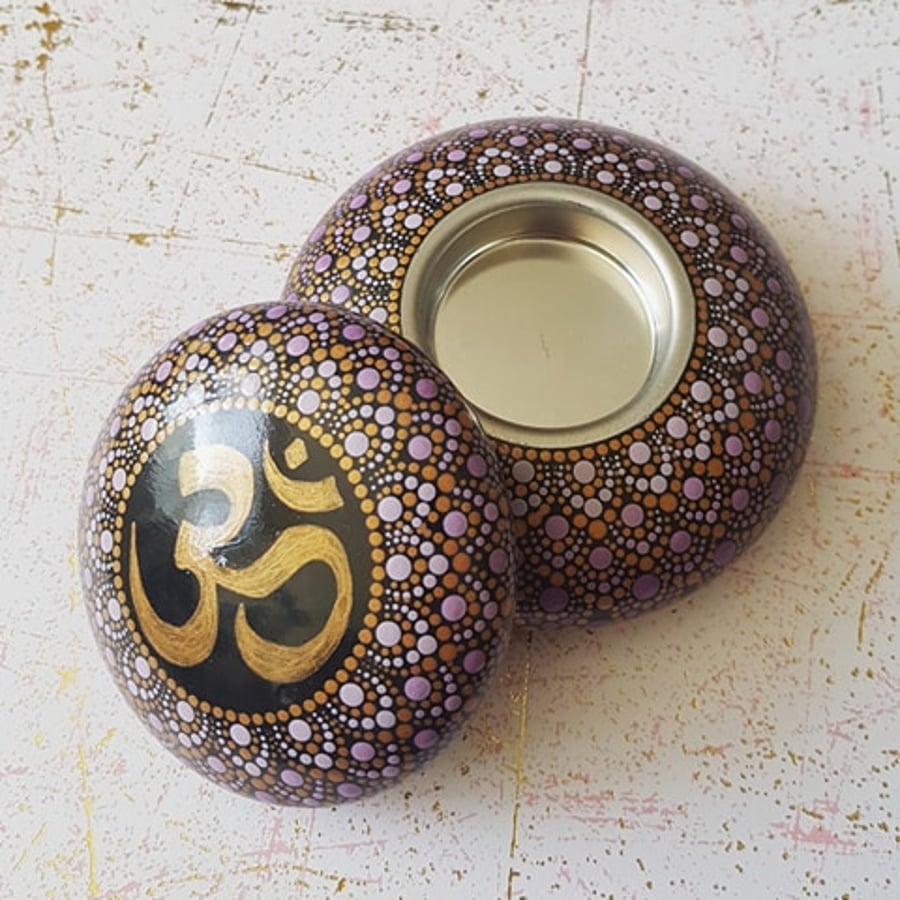 Tealight Holder and Decorative Mandala stone set - Om Symbol