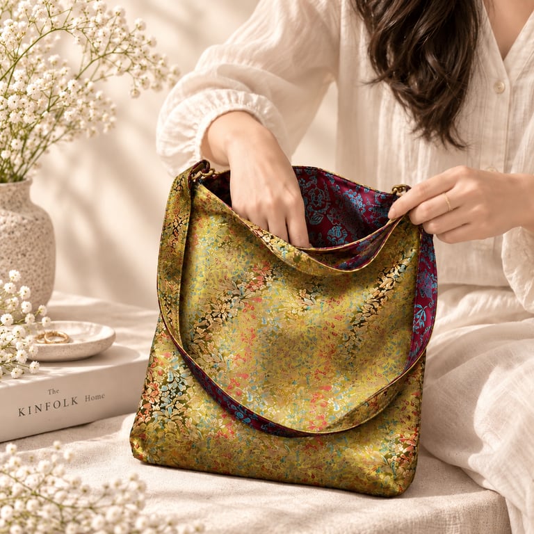 Luxury Reversible Brocade Bag – 34x34 cm - Handmade Two-Sided Shoulder Tote Bag 