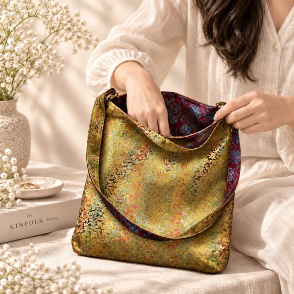 Luxury Reversible Brocade Bag – 34x34 cm - Handmade Two-Sided Shoulder Tote Bag 