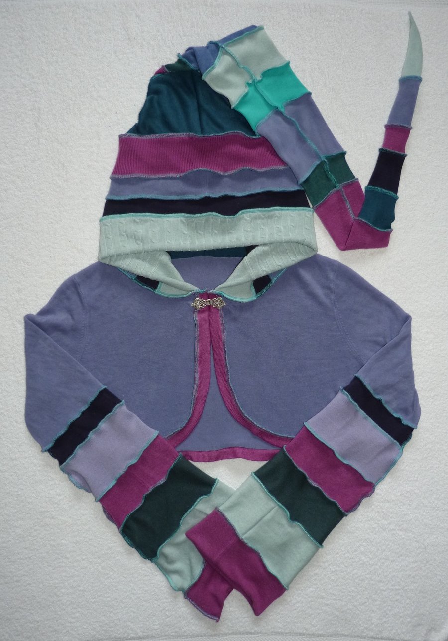  Upcycled Shrug with Long Hood and Bell Bottom Sleeves in Lilac And Purple