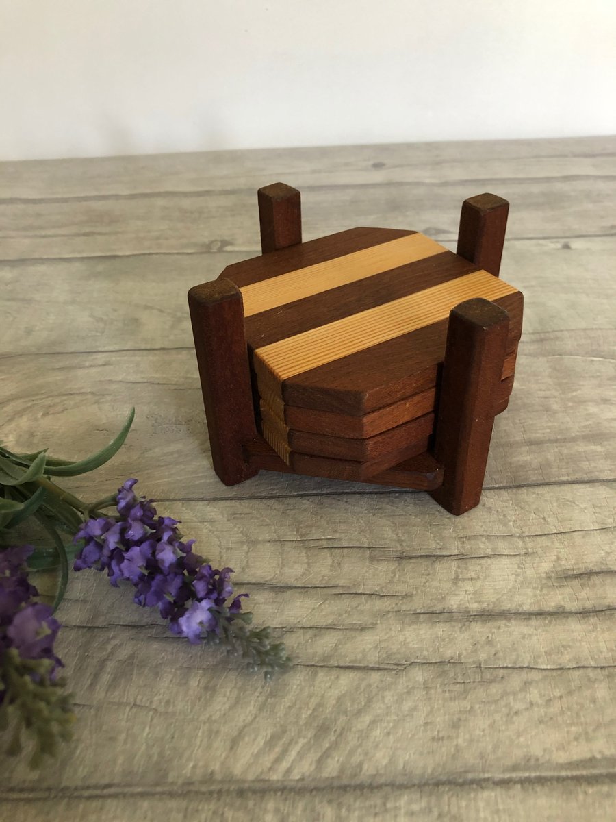 Wooden coasters complete with stand, recycled wood, handmade, set of 4