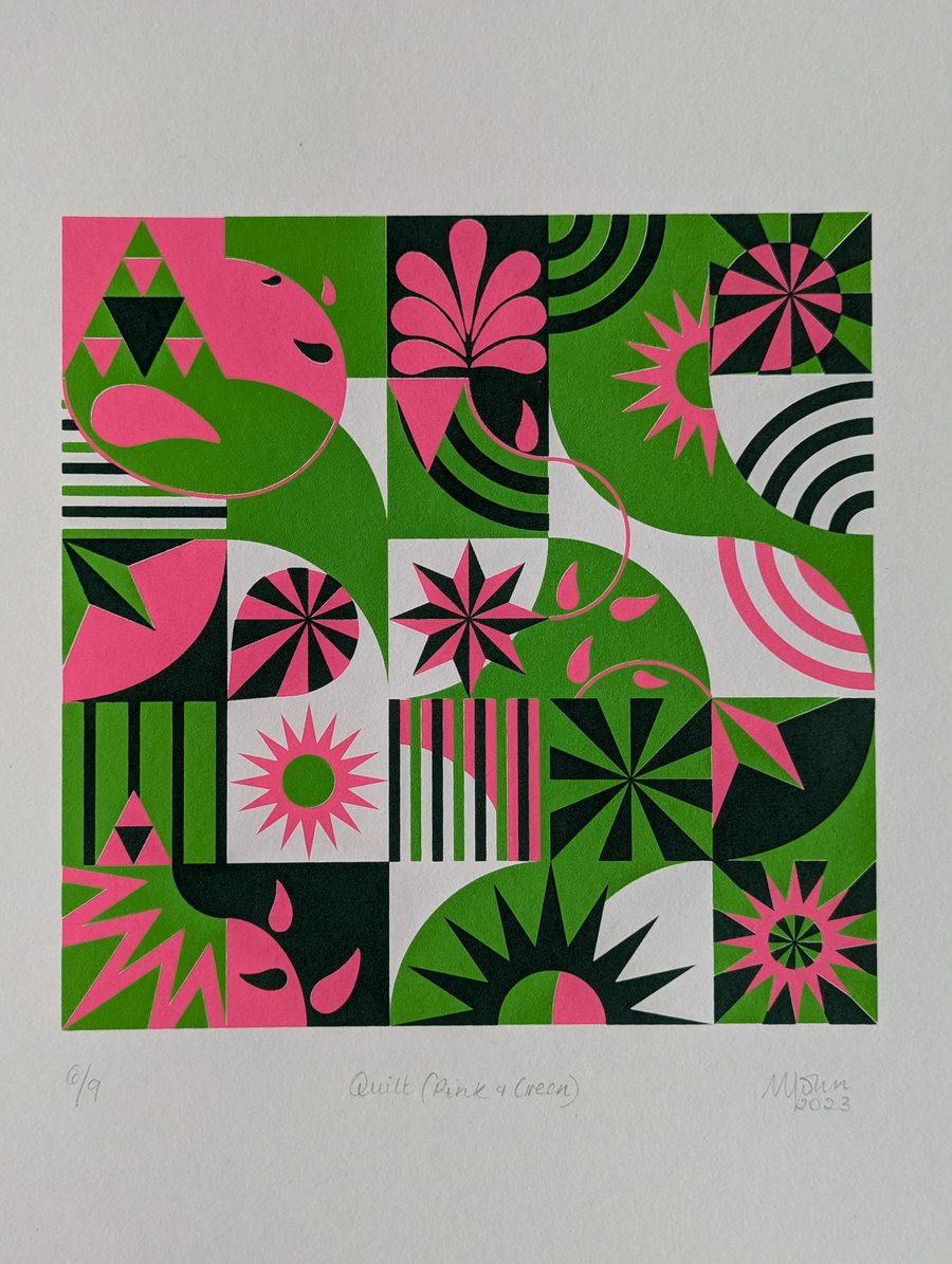 Screenprint inspired by a traditional quilt. Geometric and organic forms