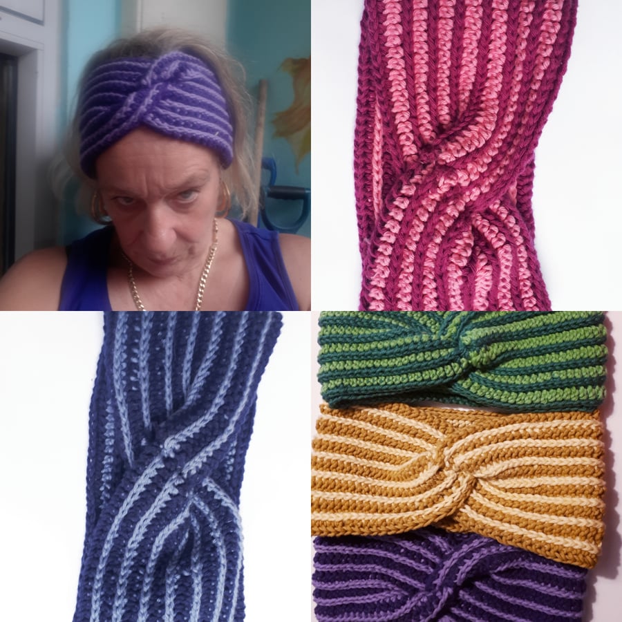 Crocheted cotton headbands stripey top knotch turban ear warmers muffs