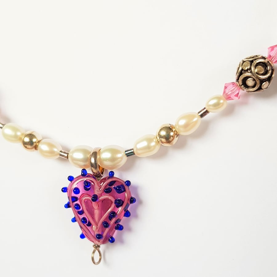 Beaded Heart Necklace - Pink & Blue Spot Glass Lampwork Bead