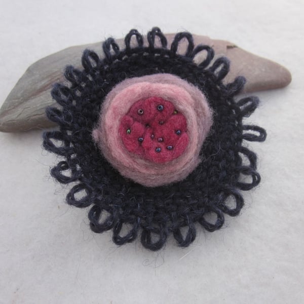 Dark Blue Woven Dark Pink Felt Flower Brooch