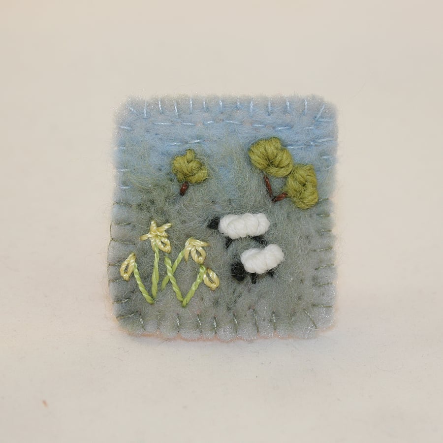 Daffodils and Sheep - Embroidered and felted brooch