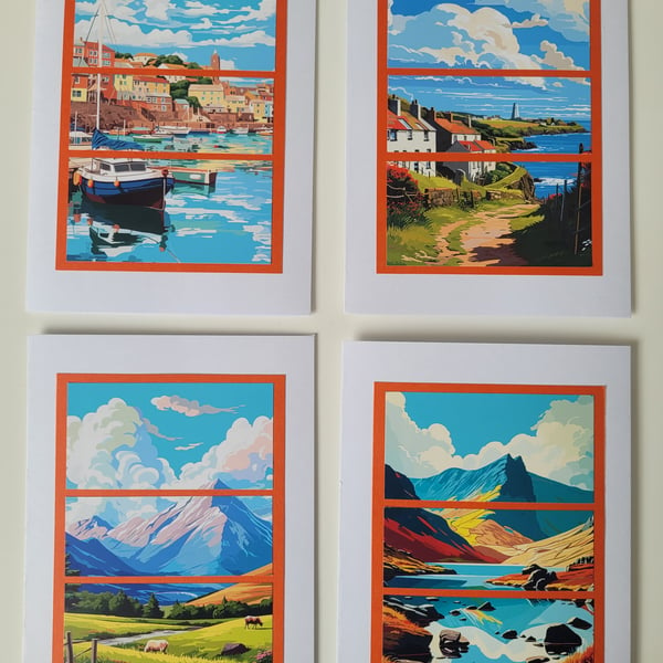 Set of 4 blank cards of coastal, seaside, lake & mountains, Greetings Cards