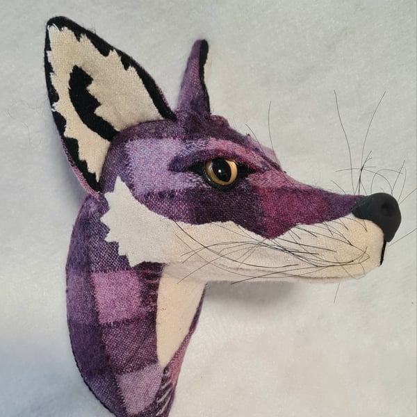 Faux fox wall mount in vintage lilac and purple tweed tartan fabric- Ferdinand