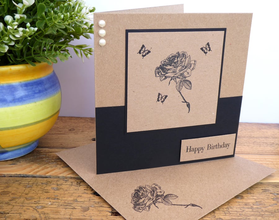 C3405 Birthday Card, Stamped Flower, Butterflies, Kraft Card,Pearls