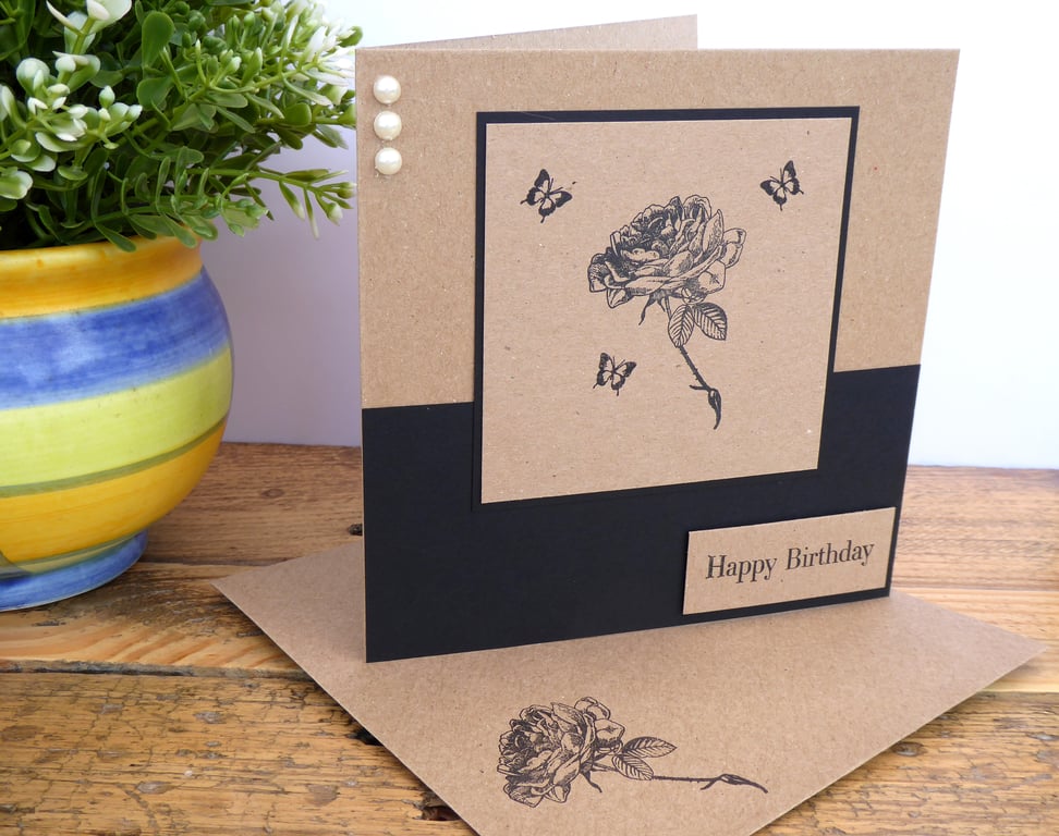 C3405 Birthday Card, Stamped Flower, Butterflies, Kraft Card,Pearls