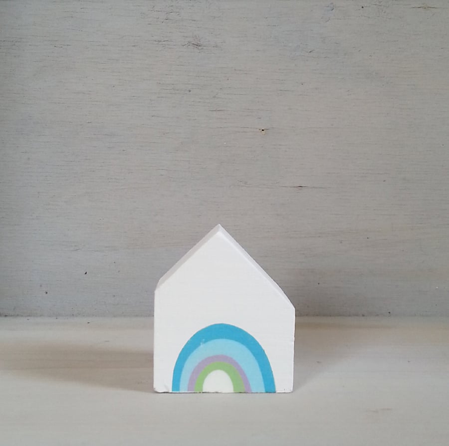 Miniature Wooden House, Rainbow House, Little House Ornament, Housewarming Gift