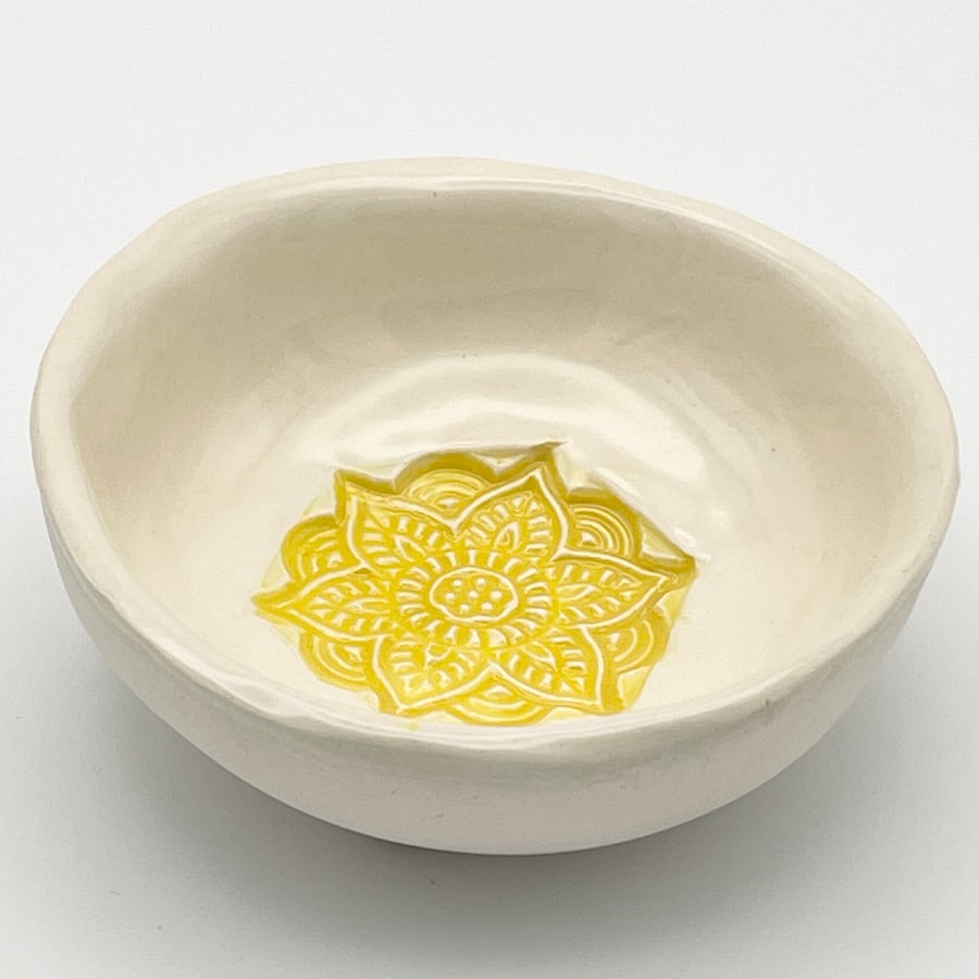 Ceramic bowl with sunshine yellow mandala