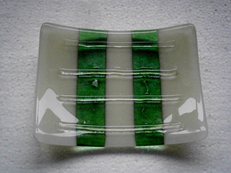 Fused glass soap dish in green and cream