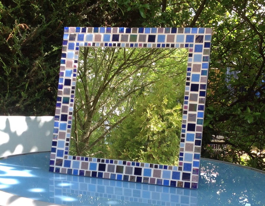 Square Mosaic Wall Mirror in shades of Blue & Purple 40cm