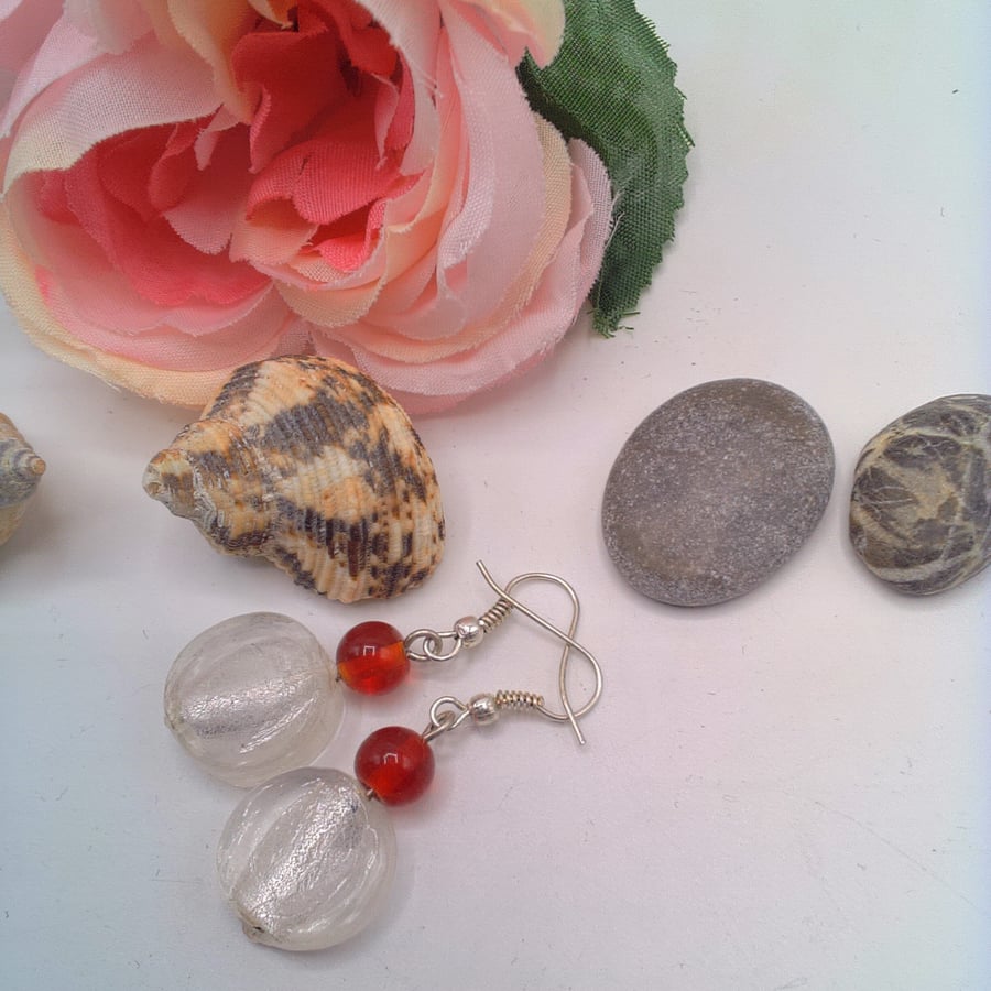 Red and Clear Glass Bead Earrings, Gift for Her, Glass Bead Earrings, Earrings