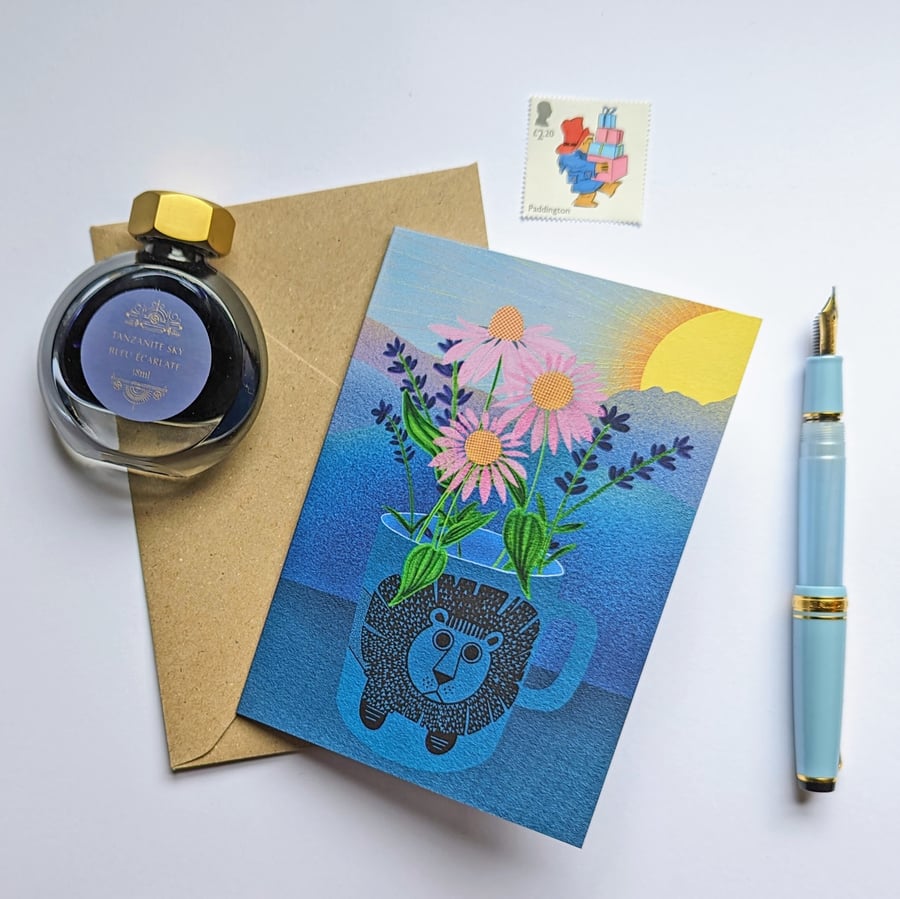 Card Lion and Flowers - Blank Greetings Card