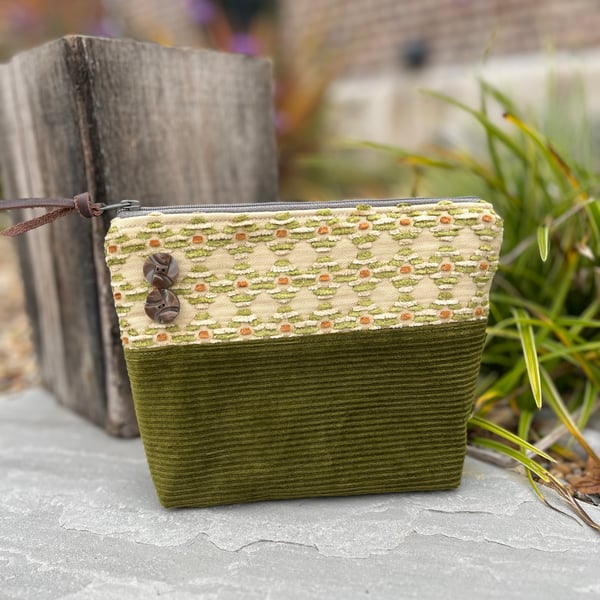 Green cord and chenille pouch with vintage buttons