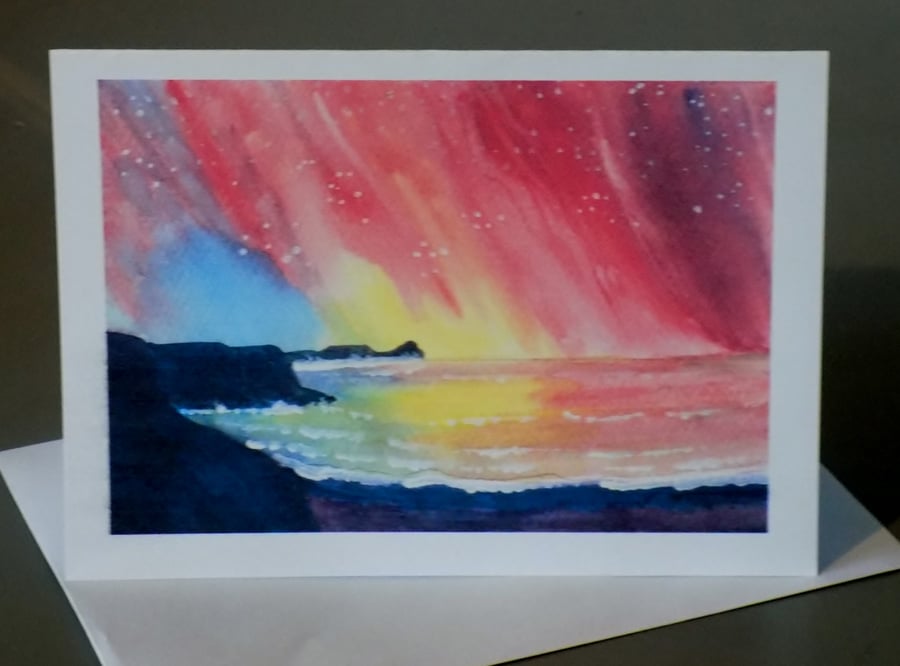 The Northern Lights, Rhossili Bay, Gower, Wales, Art Greeting Card, Blank inside