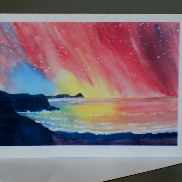 The Northern Lights, Rhossili Bay, Gower, Wales, Art Greeting Card, Blank inside