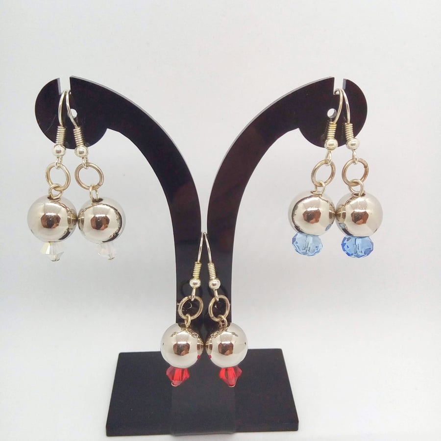 Earrings With a Silver Bead and a Crystal Bead for Pierced Ears