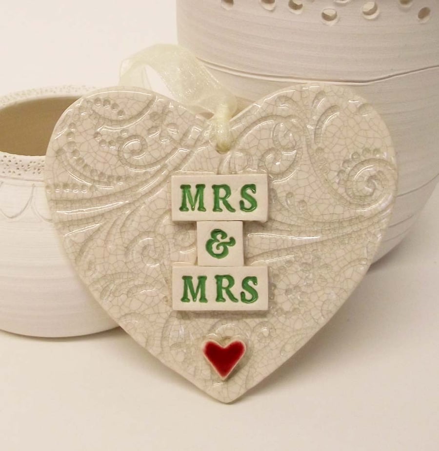 Ceramic Wedding heart decoration Mrs and Mrs Bride