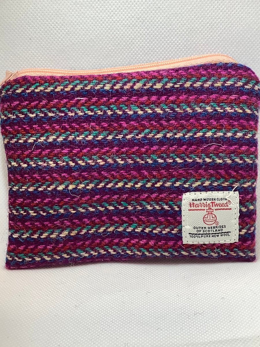 Pink Herringbone stripe Harris Tweed coin purse ,Zip pouch