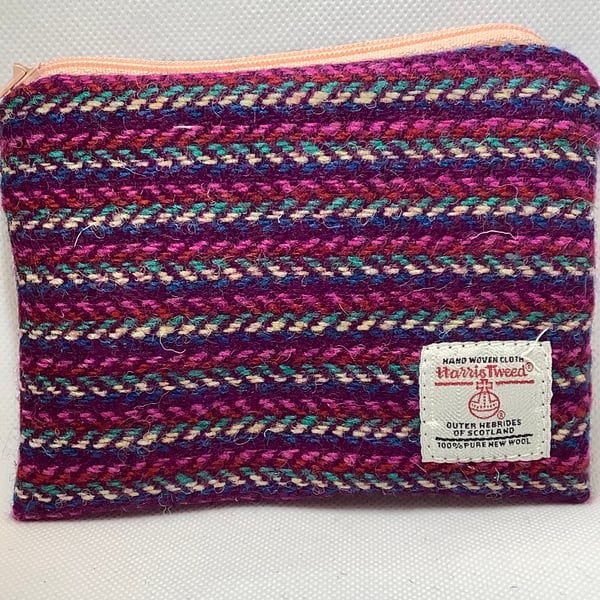 Pink Herringbone stripe Harris Tweed coin purse ,Zip pouch