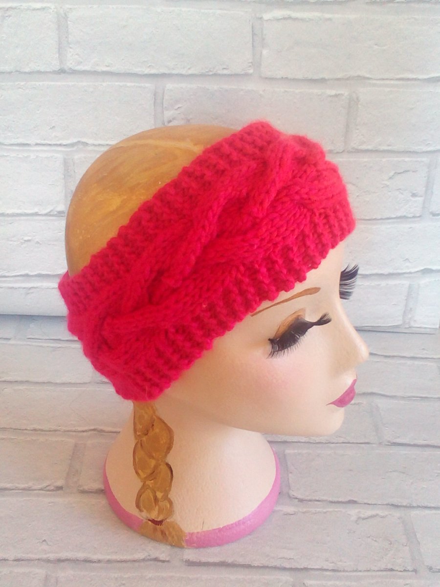 Red and Cerise Chunky Knitted Cable Headband Earwarmer