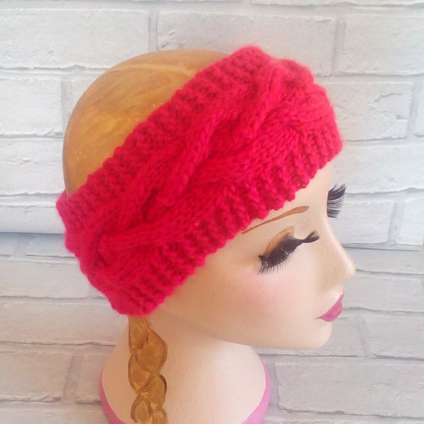 Red and Cerise Chunky Knitted Cable Headband Earwarmer