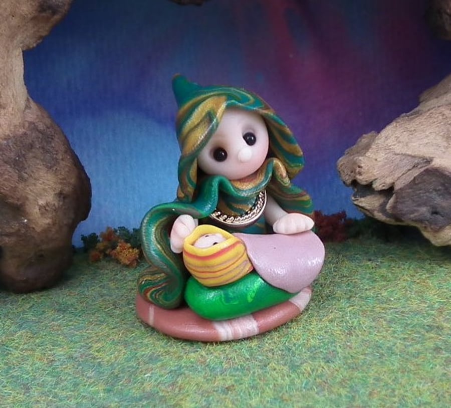 Tiny Garden Gnome Mother 'Ednie' with baby in crib OOAK Sculpt by Ann Galvin