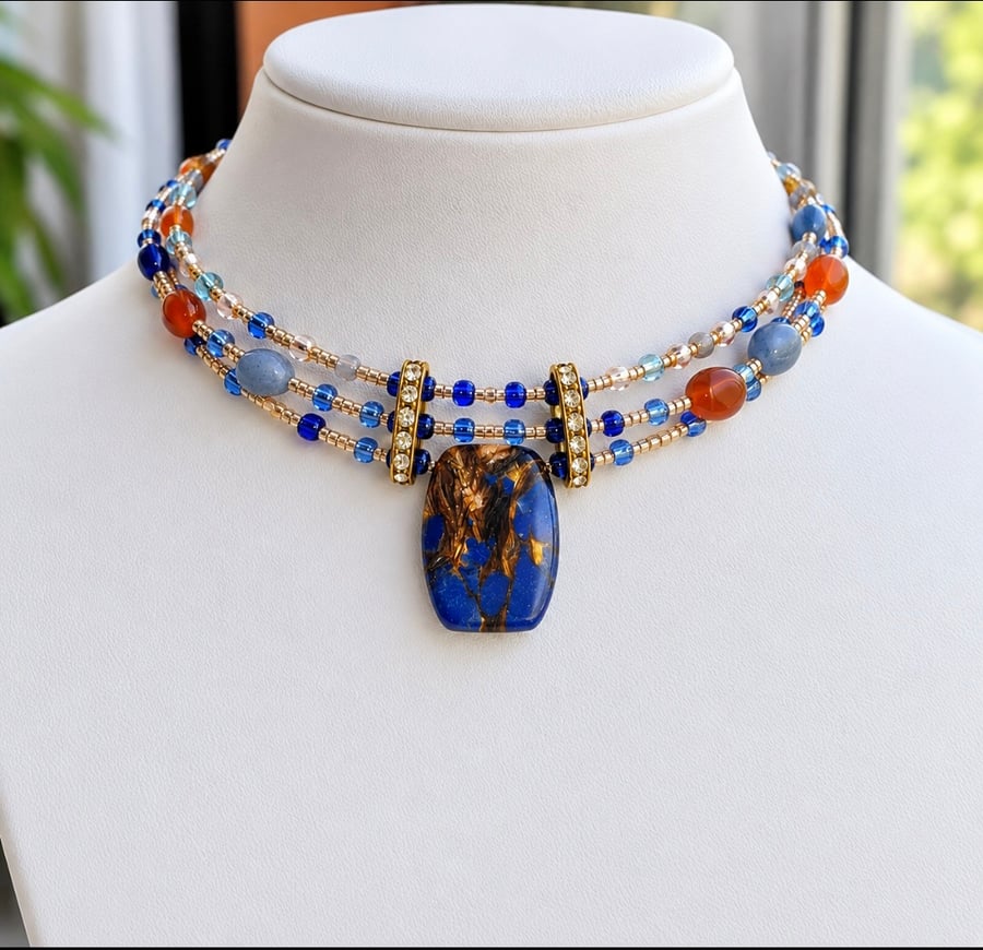 Blue and Gold Statement Choker Necklace – Multistrand Beaded Necklace wit