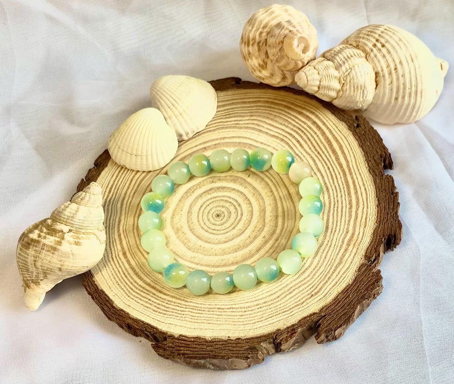 Handmade Glass Bead Bracelet Blue Yellow Stackable Jewellery Colourful Gift