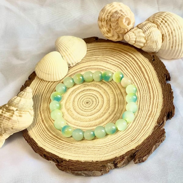 Handmade Glass Bead Bracelet Blue Yellow Stackable Jewellery Colourful Gift