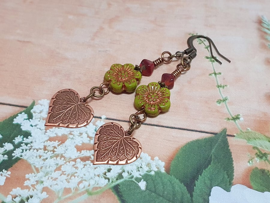Long colourful flower and leaf earrings 