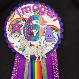 Birthday badge-Rosette Personalised - Unicorn design - new - girls
