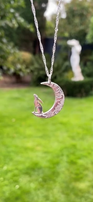 Handmade Fine Silver Moon Gazing Hare Necklace on sterling silver chain