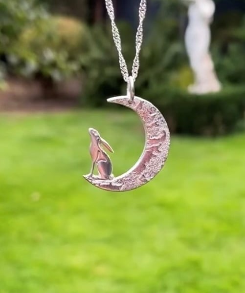 Handmade Fine Silver Moon Gazing Hare Necklace on sterling silver chain