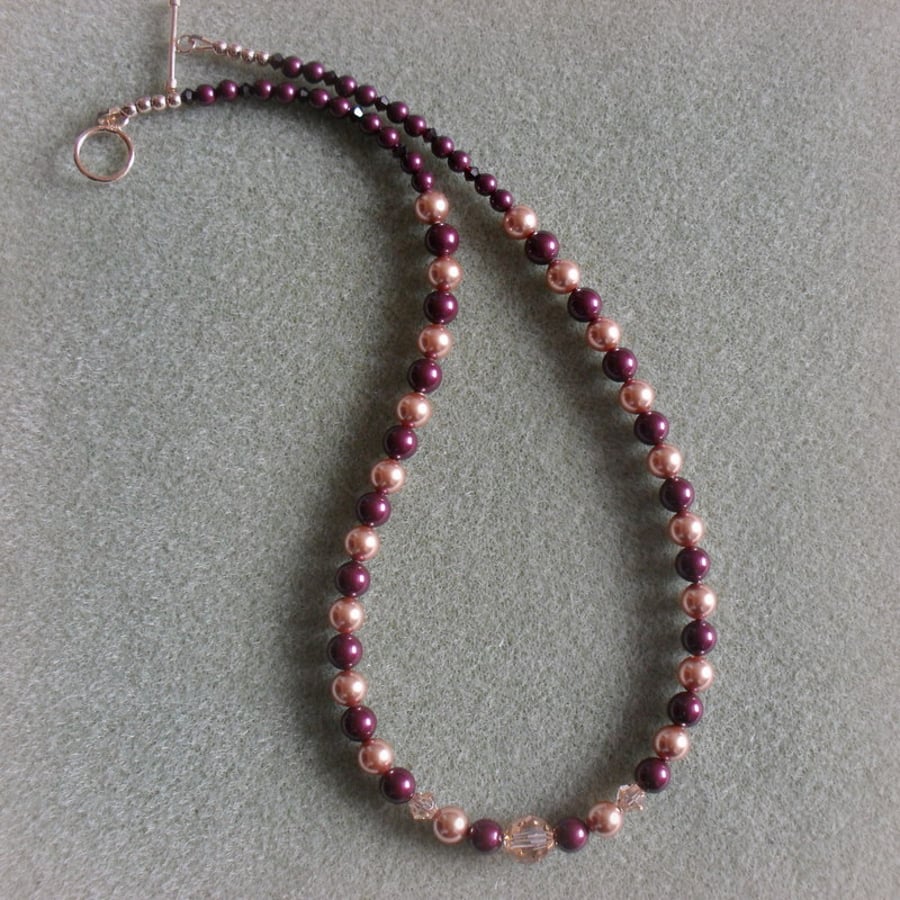 Blackberry and rose gold Coloured Pearl and Crystal Necklace 