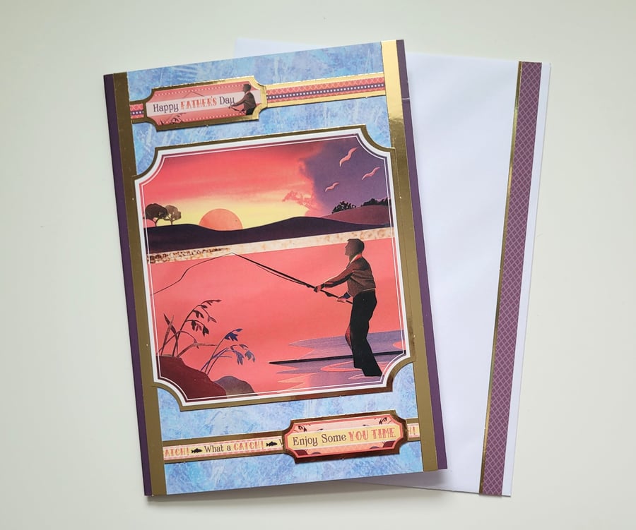 Father's Day Card - Fishing at Sunset Design - Handmade Card for Dad