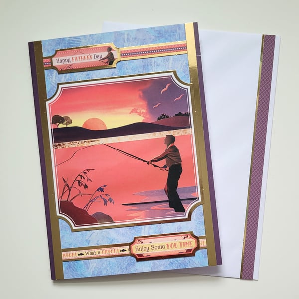 Father's Day Card - Fishing at Sunset Design - Handmade Card for Dad