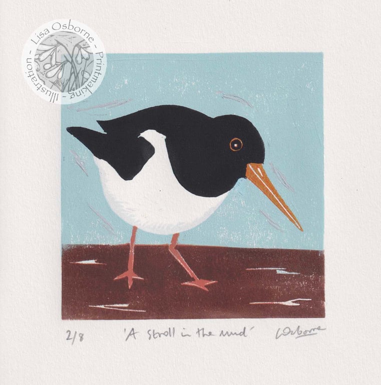 Oystercatcher linocut - A stroll in the mud 