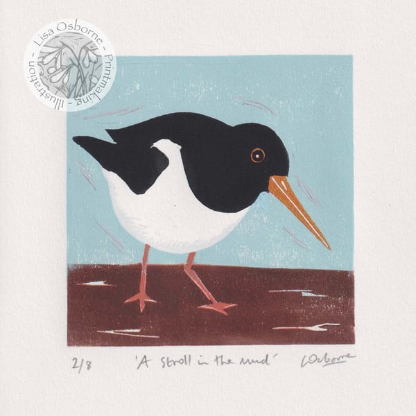 Oystercatcher linocut - A stroll in the mud 