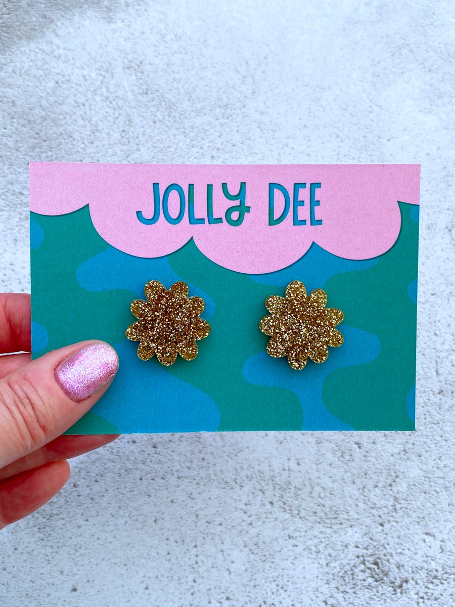 Sparkly earrings, gold stud earrings for women, flower studs, handmade in the uk