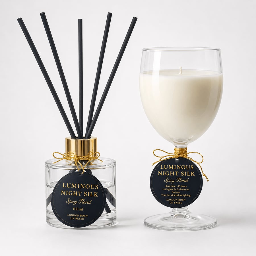 Candle and Reed Diffuser Gift Set - Spicy Floral Home Fragrance - Night Silk