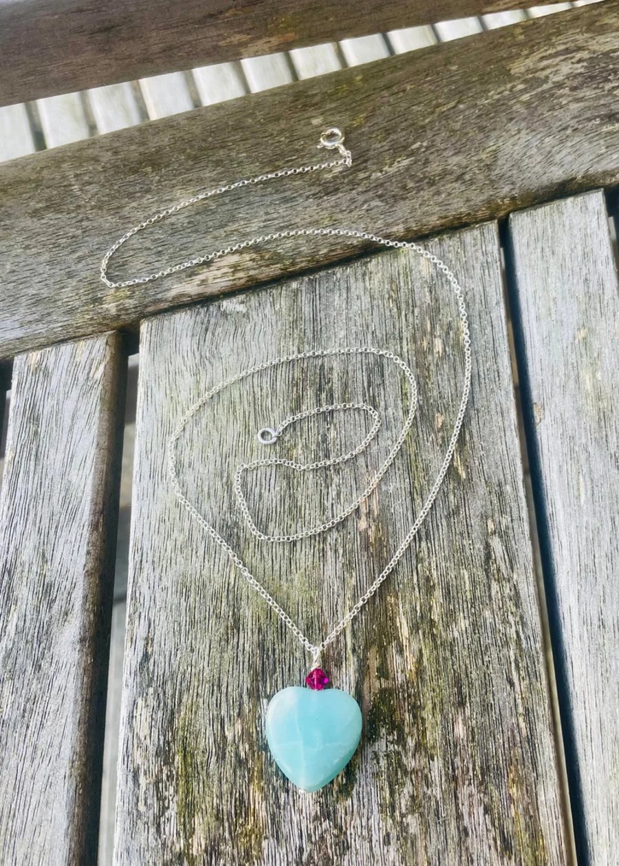 Amazonite Heart Pink Swarovski Crystal Pendant Necklace