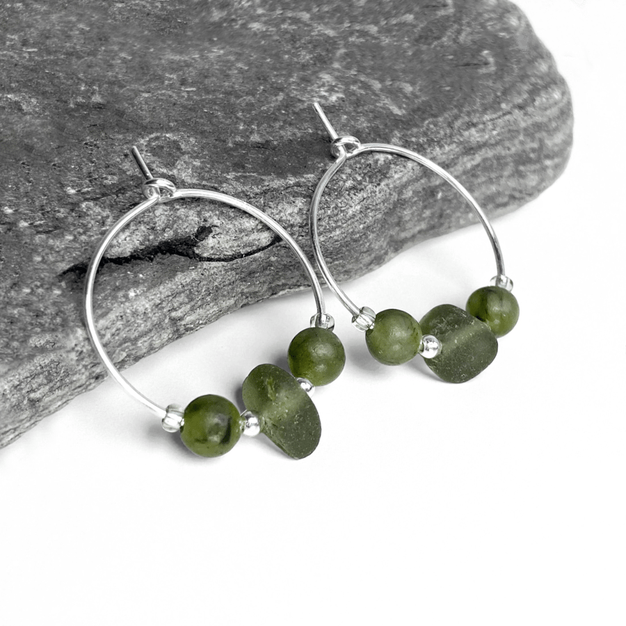 Sea Glass Hoop Earrings. Small Green Sterling Silver Jade Beaded Hoops