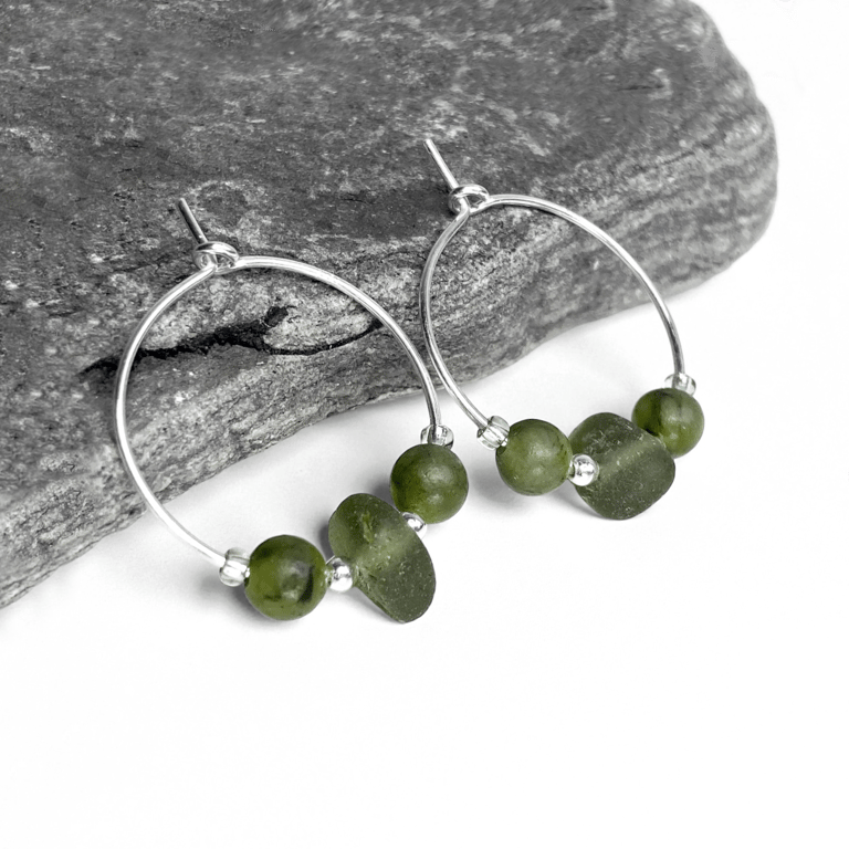 Sea Glass Hoop Earrings. Small Green Sterling Silver Jade Beaded Hoops